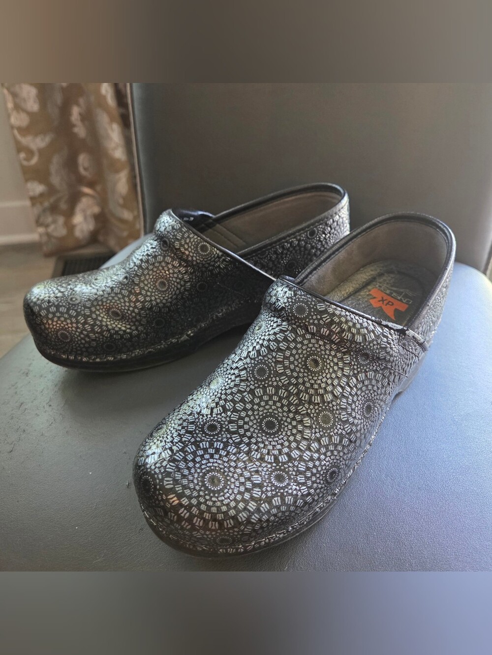 Dansko XP Professional clogs silver mandala pattern embossed on black Size 38